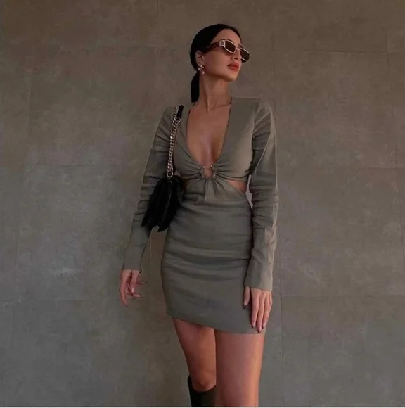 Zara Olive Green Linen Cut Out Mini Dress Size XS - Picture 4 of 12